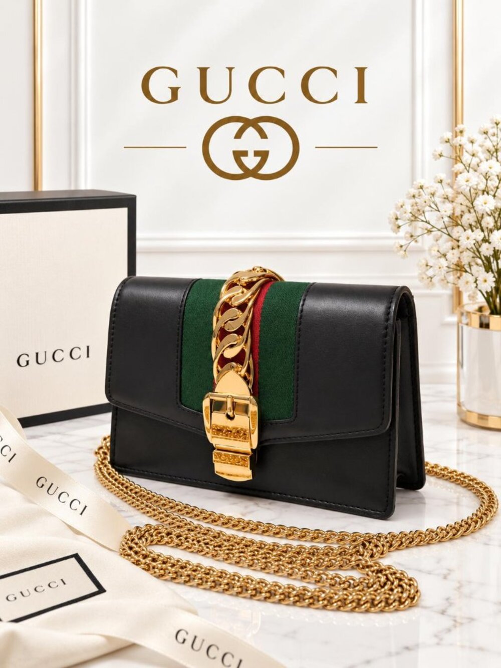 Authentic Gucci Sylvie Mini Chain Shoulder Bag Black Leather Web Stripe Gold